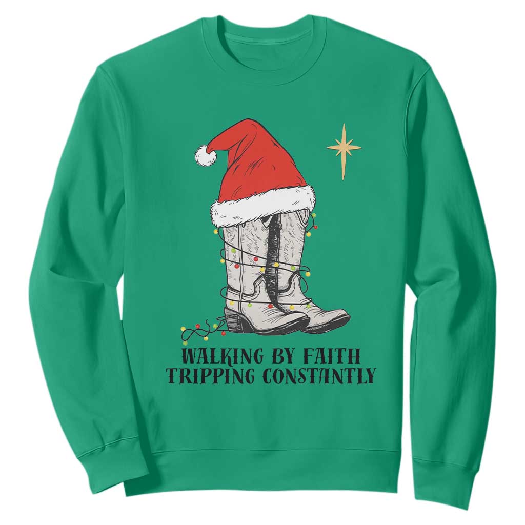 Western Christian Cowboy Sweatshirt Walking By Faith Tripping Constantly TS14 Irish Green Print Your Wear