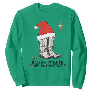 Western Christian Cowboy Sweatshirt Walking By Faith Tripping Constantly TS14 Irish Green Print Your Wear