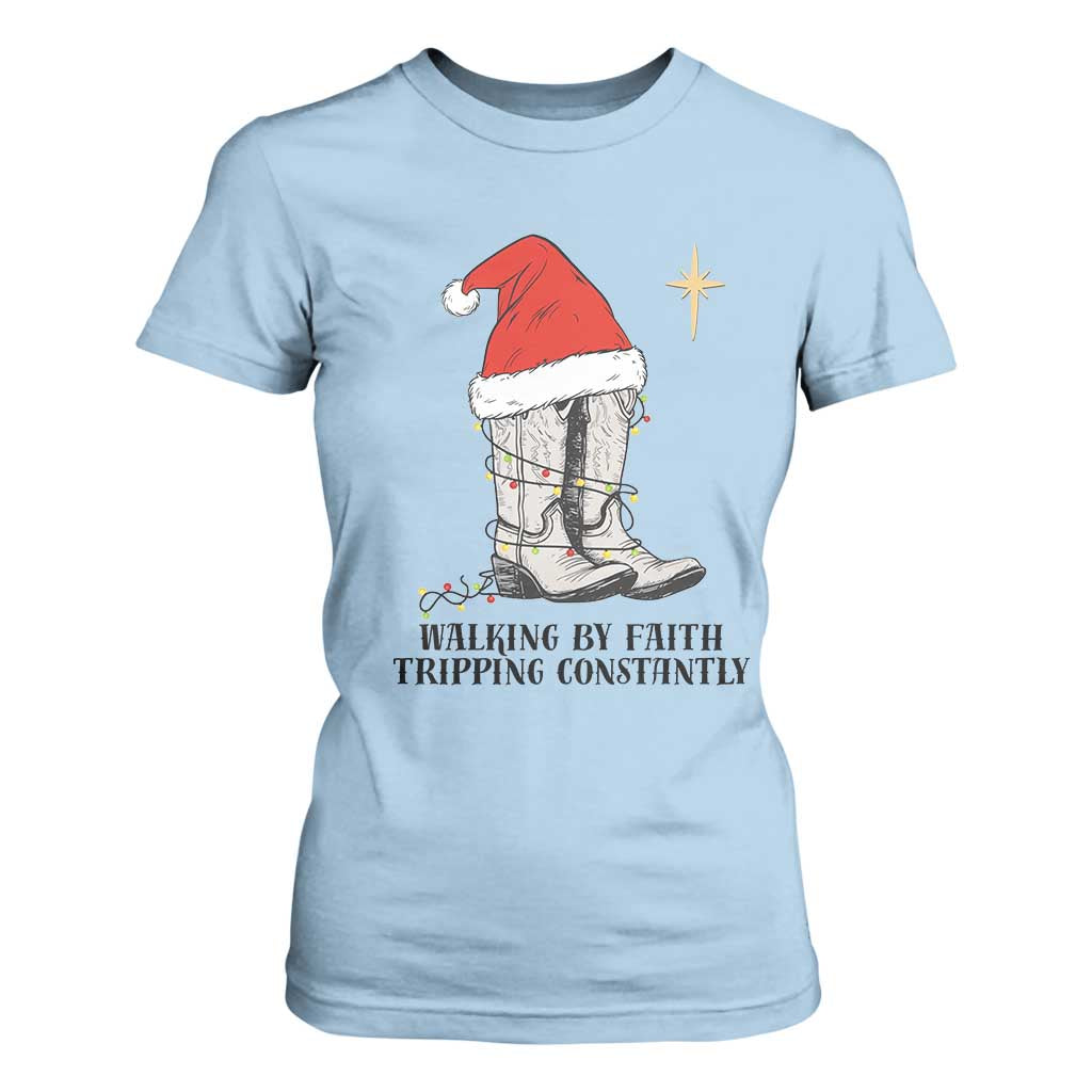 Western Christian Cowboy T Shirt For Women Walking By Faith Tripping Constantly TS14 Light Blue Print Your Wear