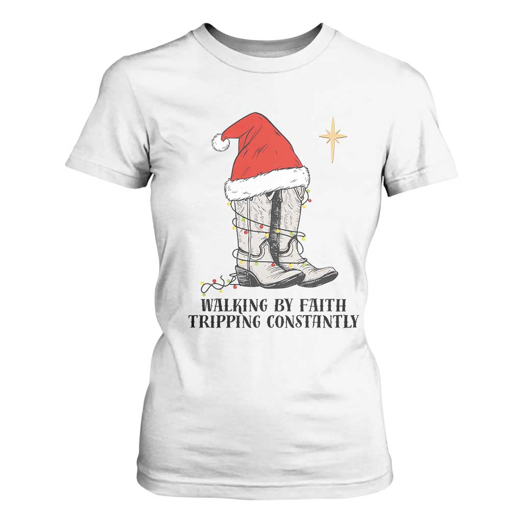 Western Christian Cowboy T Shirt For Women Walking By Faith Tripping Constantly TS14 White Print Your Wear