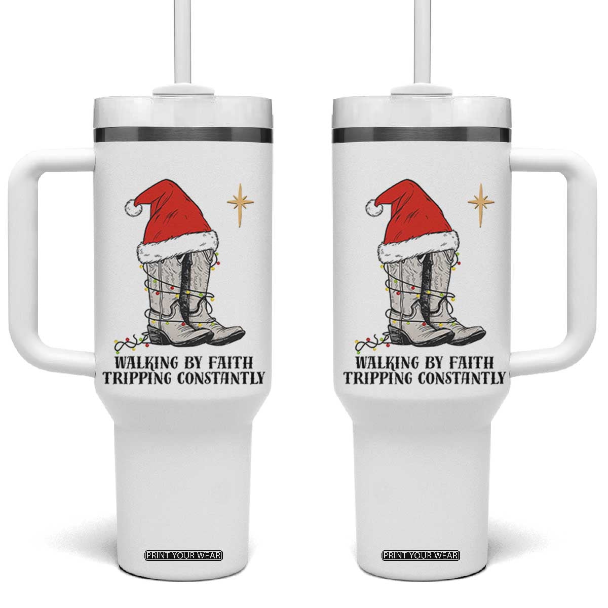 Western Christian Cowboy Tumbler With Handle Walking By Faith Tripping Constantly TS14 One Size: 40 oz White Print Your Wear