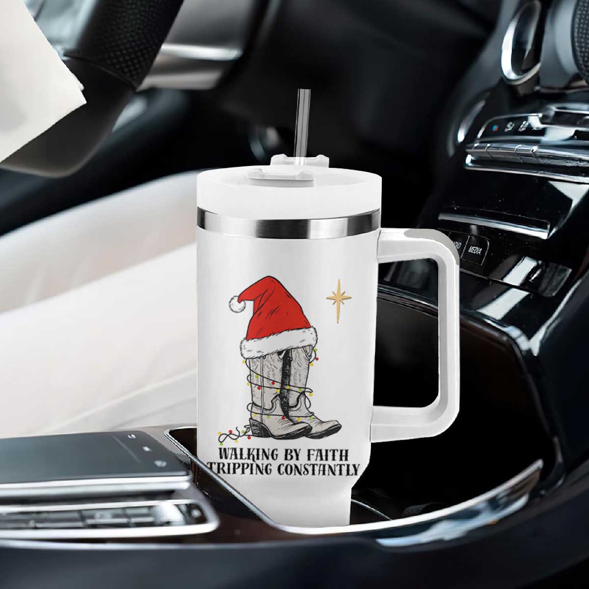 Western Christian Cowboy Tumbler With Handle Walking By Faith Tripping Constantly TS14 Print Your Wear