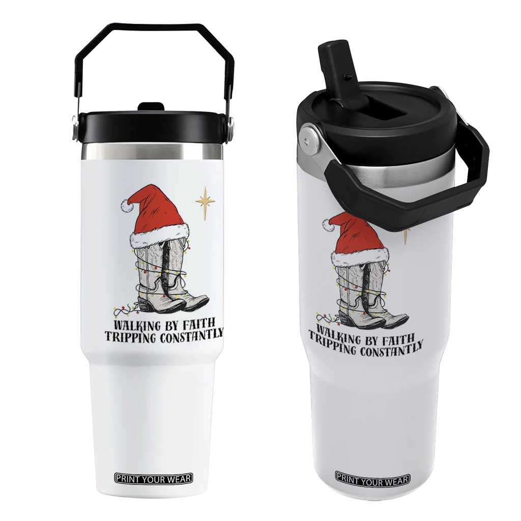 Western Christian Cowboy Flip Straw Tumbler Walking By Faith Tripping Constantly TS14 One Size: 30 oz White Print Your Wear