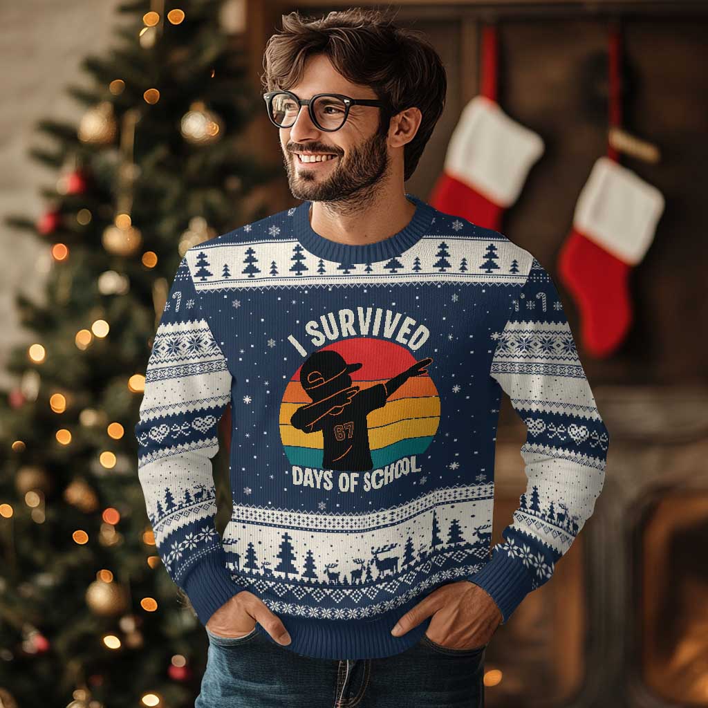 I Survived 67 Days Of School Ugly Christmas Sweater Funny Boys Kids TS14 Navy Beige Print Your Wear