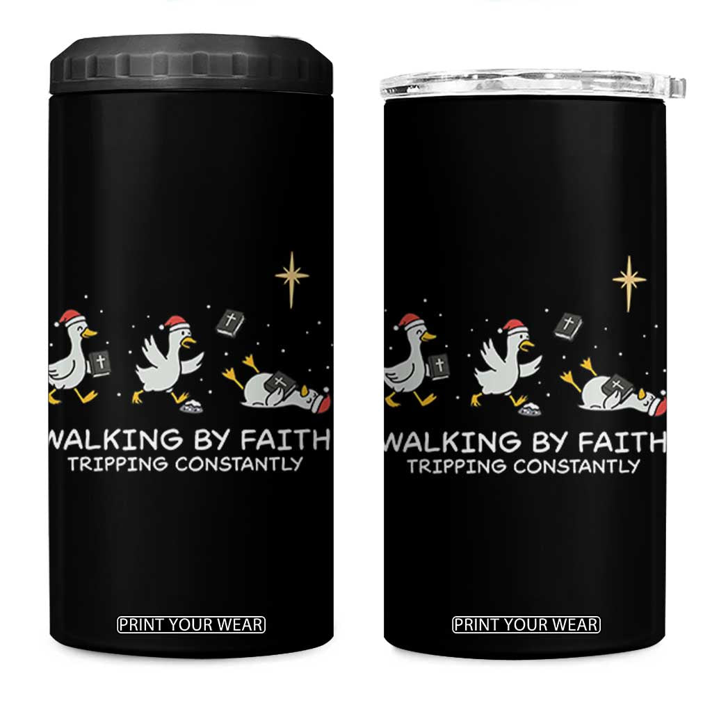 Christian Goose Christmas 4 in 1 Can Cooler Tumbler Walking By Faith Tripping Constantly Funny Quote - Print Your Wear