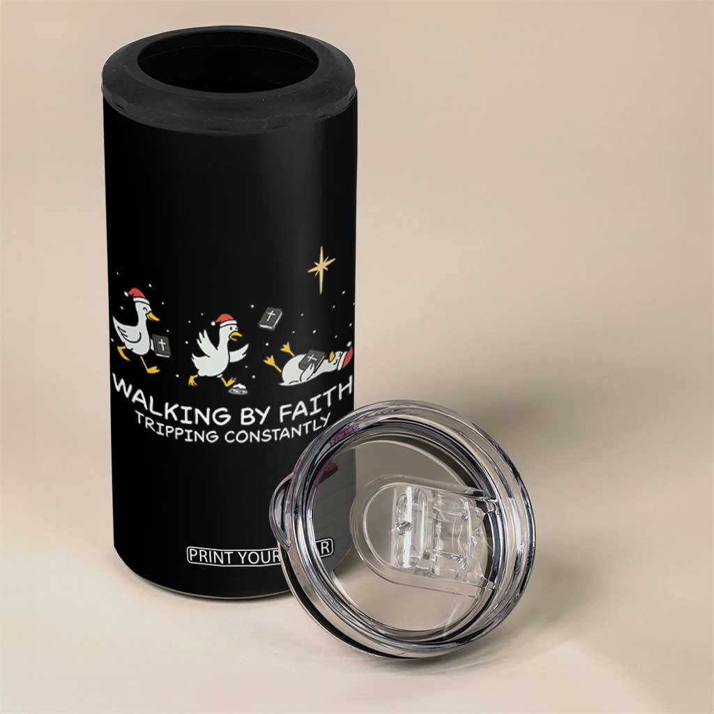 Christian Goose Christmas 4 in 1 Can Cooler Tumbler Walking By Faith Tripping Constantly Funny Quote - Print Your Wear