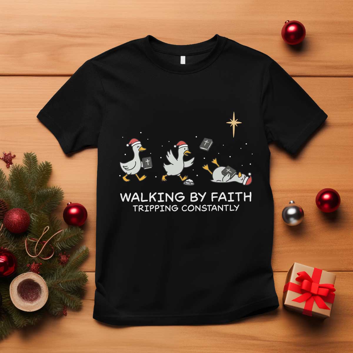 Christian Goose Christmas T Shirt Walking By Faith Tripping Constantly Funny Quote TS14 Black Print Your Wear