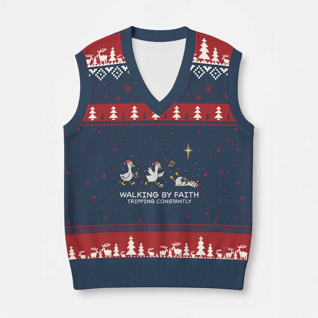 Christian Goose Xmas V-Neck Knit Sweater Vest Walking By Faith Tripping Constantly Funny Quote TS14 Navy Red Print Your Wear