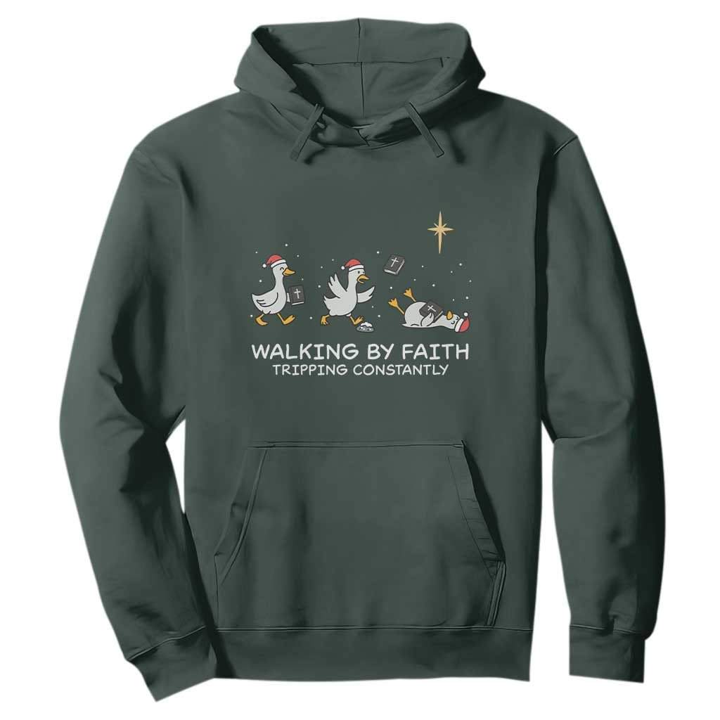 Christian Goose Christmas Hoodie Walking By Faith Tripping Constantly Funny Quote TS14 Dark Forest Green Print Your Wear