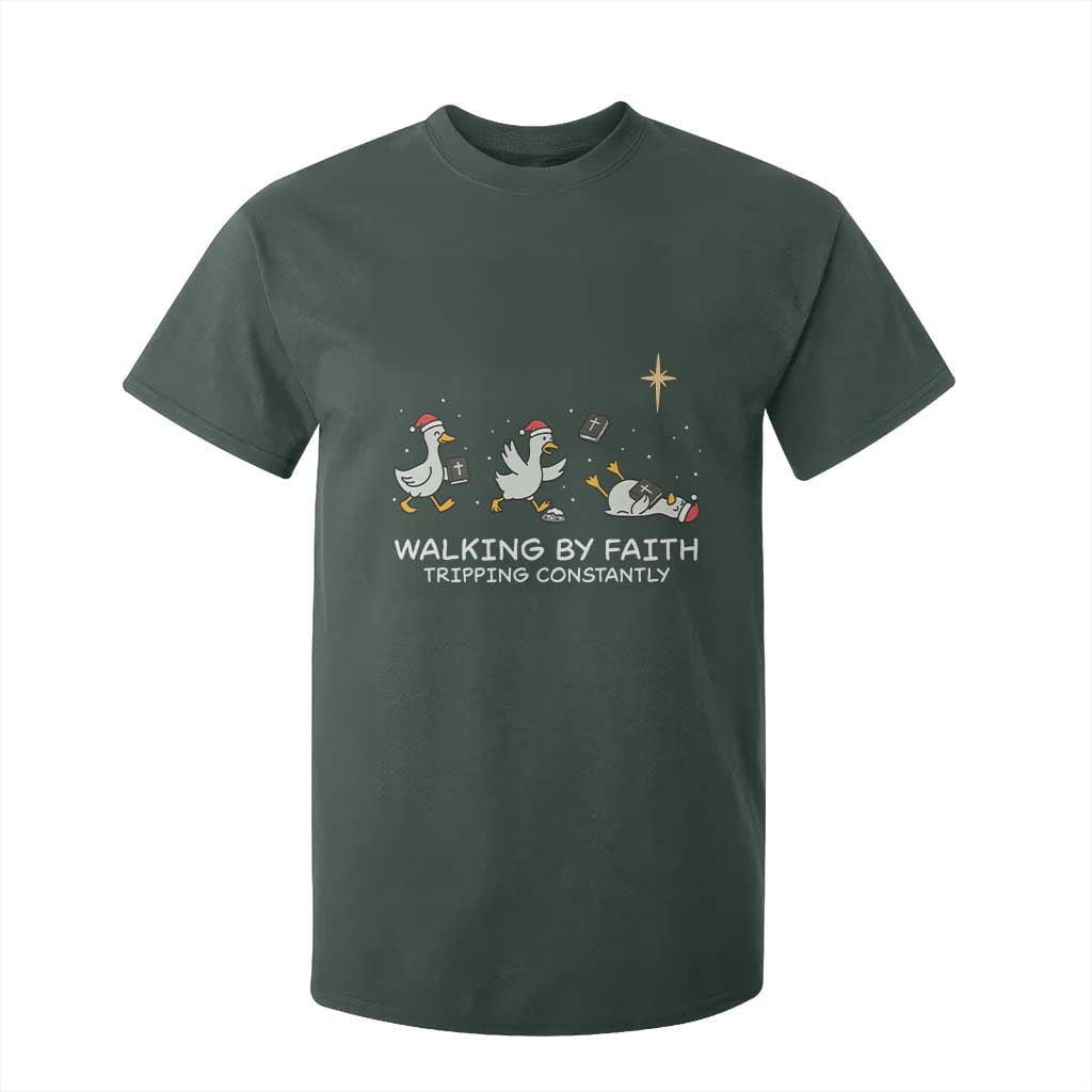 Christian Goose Christmas T Shirt For Kid Walking By Faith Tripping Constantly Funny Quote TS14 Dark Forest Green Print Your Wear