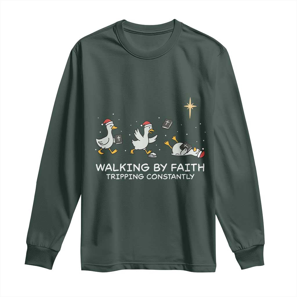 Christian Goose Christmas Long Sleeve Shirt Walking By Faith Tripping Constantly Funny Quote TS14 Dark Forest Green Print Your Wear