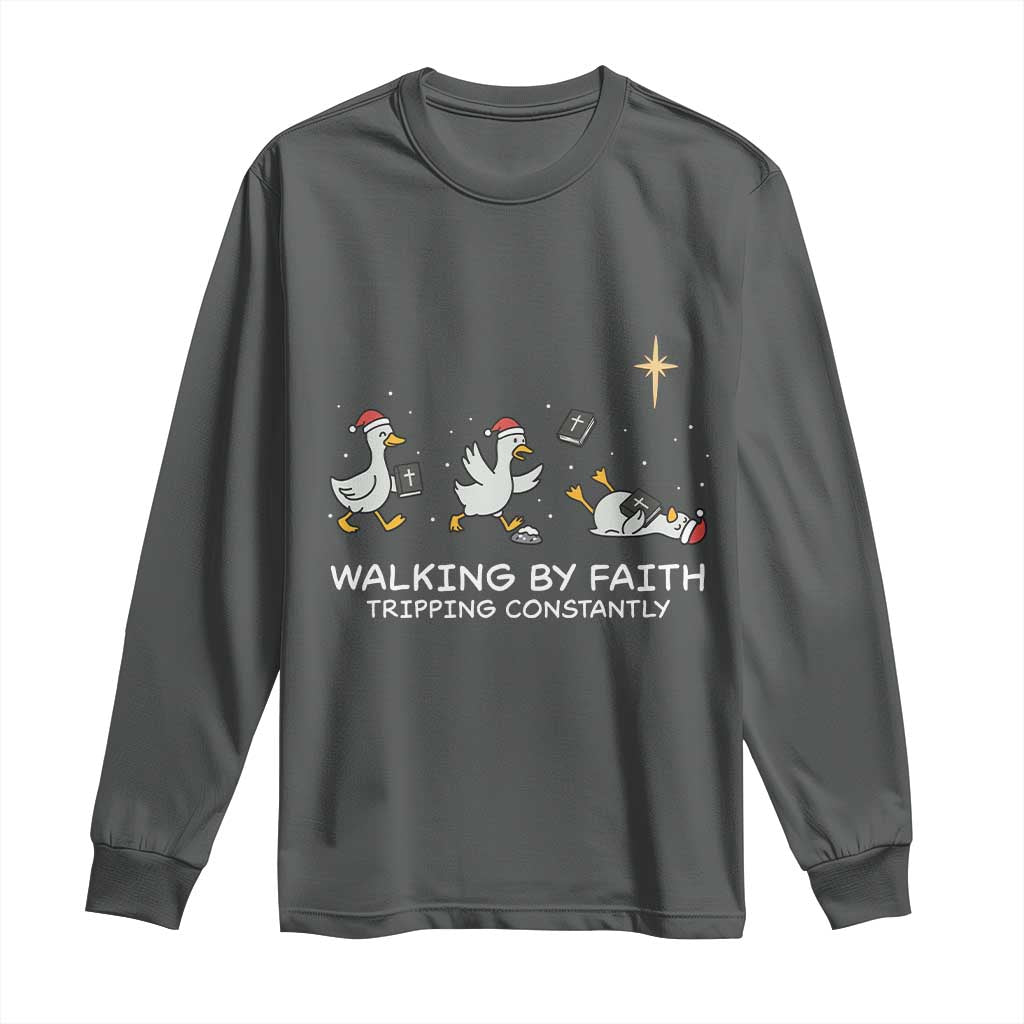 Christian Goose Christmas Long Sleeve Shirt Walking By Faith Tripping Constantly Funny Quote TS14 Dark Heather Print Your Wear
