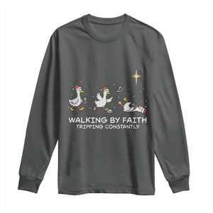 Christian Goose Christmas Long Sleeve Shirt Walking By Faith Tripping Constantly Funny Quote TS14 Dark Heather Print Your Wear