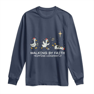 Christian Goose Christmas Long Sleeve Shirt Walking By Faith Tripping Constantly Funny Quote TS14 Navy Print Your Wear