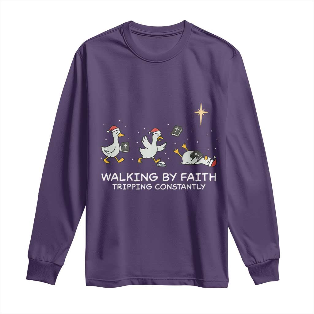 Christian Goose Christmas Long Sleeve Shirt Walking By Faith Tripping Constantly Funny Quote TS14 Purple Print Your Wear