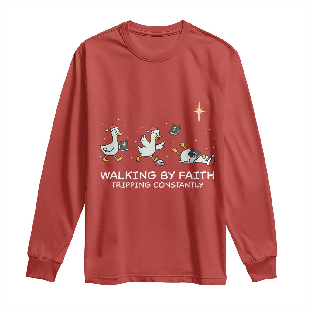 Christian Goose Christmas Long Sleeve Shirt Walking By Faith Tripping Constantly Funny Quote TS14 Red Print Your Wear