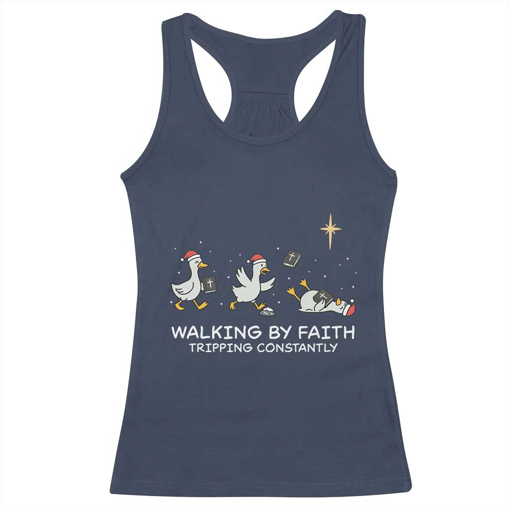 Christian Goose Christmas Racerback Tank Top Walking By Faith Tripping Constantly Funny Quote TS14 Navy Print Your Wear