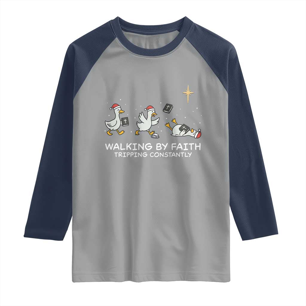 Christian Goose Christmas Raglan Shirt Walking By Faith Tripping Constantly Funny Quote TS14 Sport Gray Navy Print Your Wear