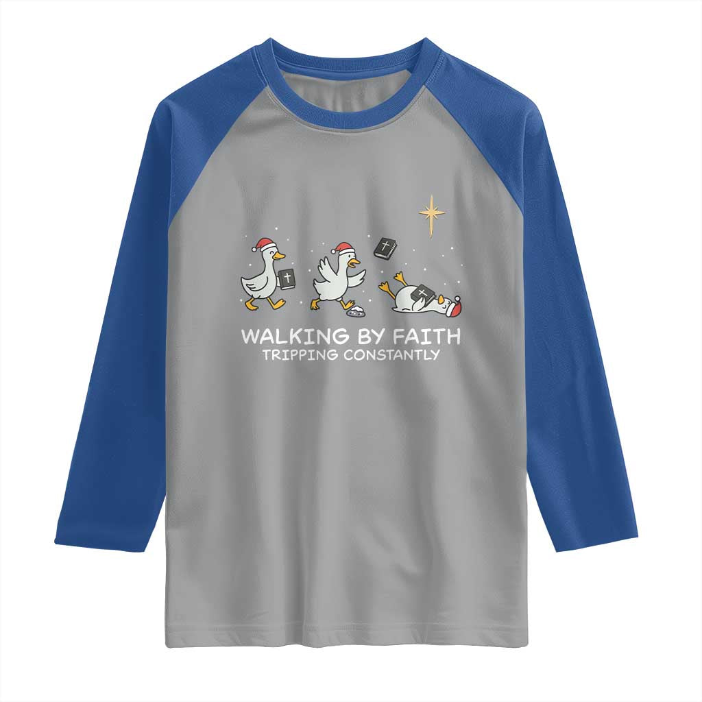 Christian Goose Christmas Raglan Shirt Walking By Faith Tripping Constantly Funny Quote TS14 Sport Gray Royal Print Your Wear