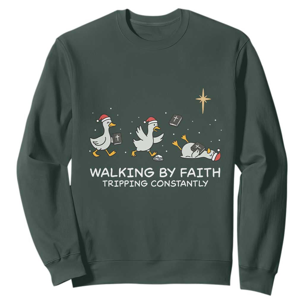 Christian Goose Christmas Sweatshirt Walking By Faith Tripping Constantly Funny Quote TS14 Dark Forest Green Print Your Wear