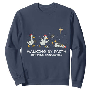 Christian Goose Christmas Sweatshirt Walking By Faith Tripping Constantly Funny Quote TS14 Navy Print Your Wear