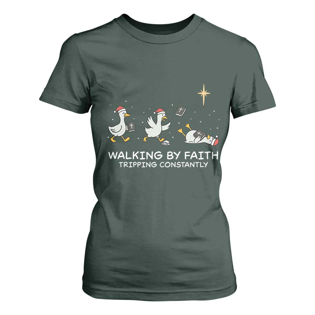 Christian Goose Christmas T Shirt For Women Walking By Faith Tripping Constantly Funny Quote TS14 Dark Forest Green Print Your Wear