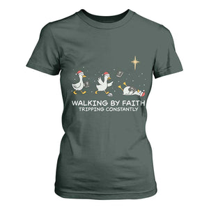 Christian Goose Christmas T Shirt For Women Walking By Faith Tripping Constantly Funny Quote TS14 Dark Forest Green Print Your Wear