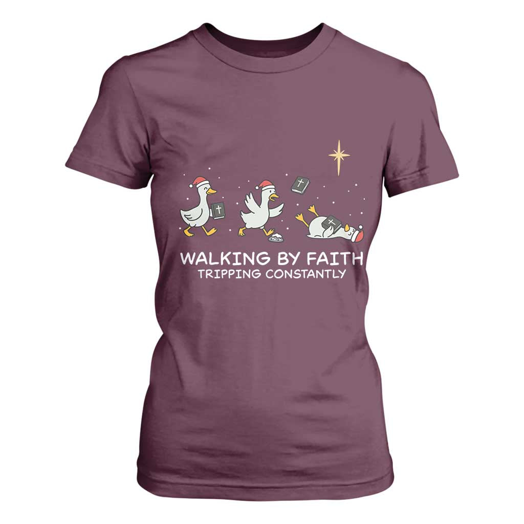 Christian Goose Christmas T Shirt For Women Walking By Faith Tripping Constantly Funny Quote TS14 Maroon Print Your Wear