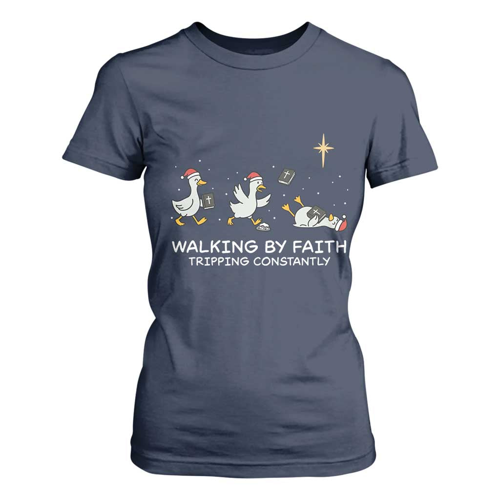 Christian Goose Christmas T Shirt For Women Walking By Faith Tripping Constantly Funny Quote TS14 Navy Print Your Wear