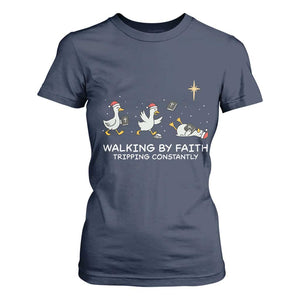 Christian Goose Christmas T Shirt For Women Walking By Faith Tripping Constantly Funny Quote TS14 Navy Print Your Wear