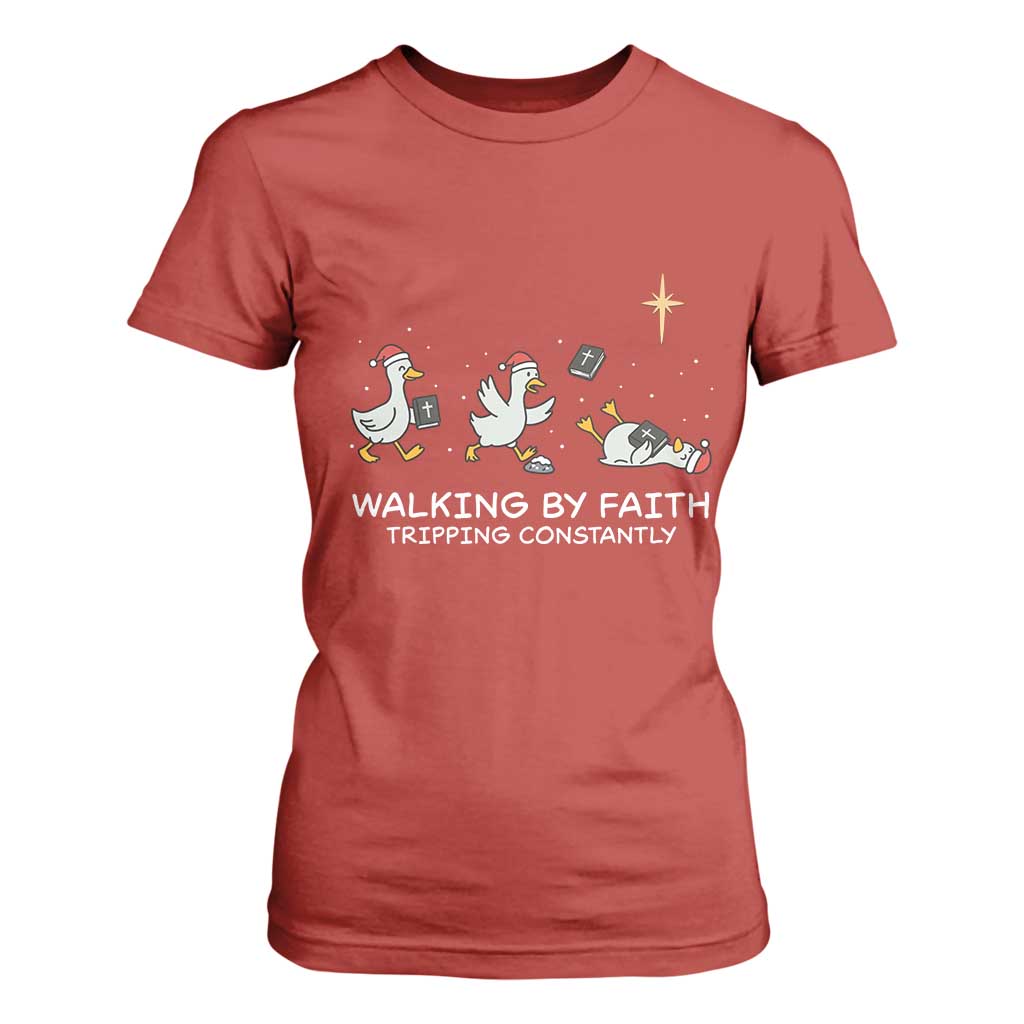 Christian Goose Christmas T Shirt For Women Walking By Faith Tripping Constantly Funny Quote TS14 Red Print Your Wear
