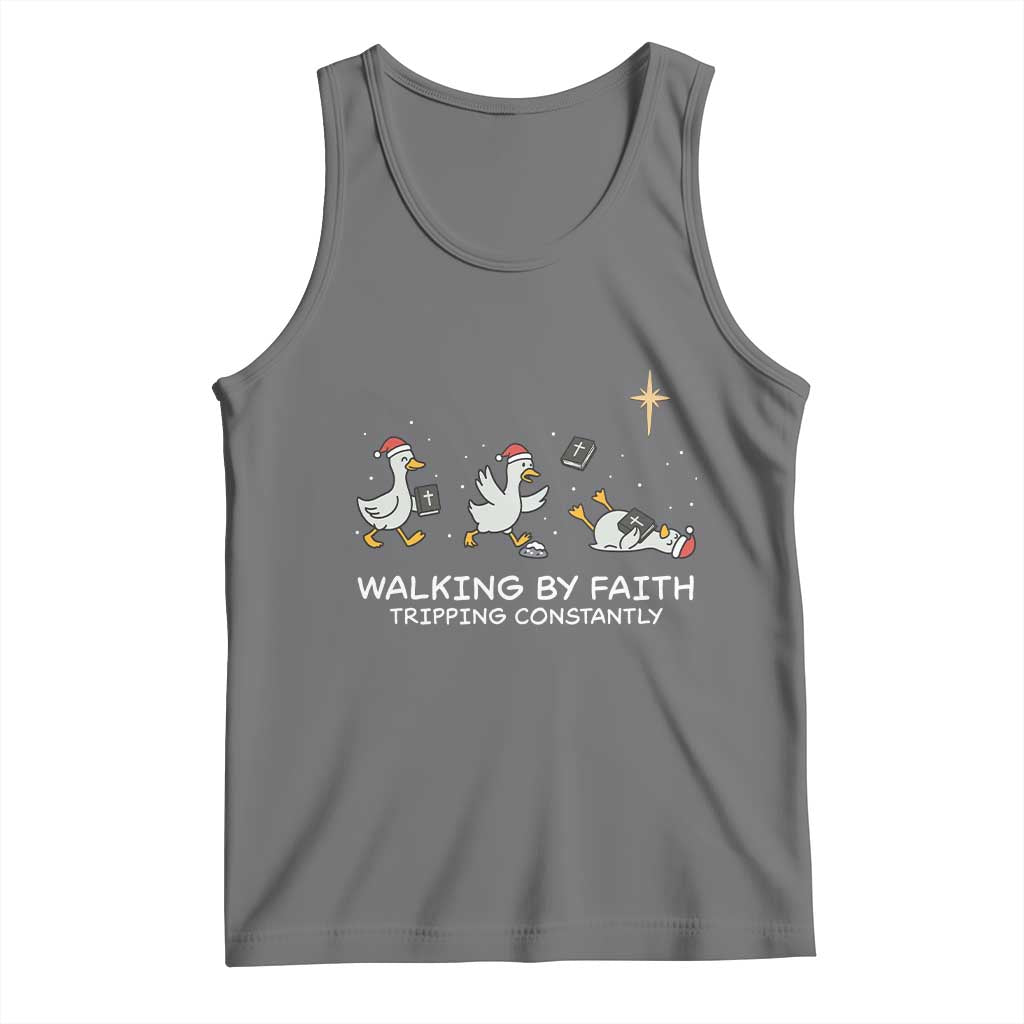 Christian Goose Christmas Tank Top Walking By Faith Tripping Constantly Funny Quote TS14 Black Heather Print Your Wear