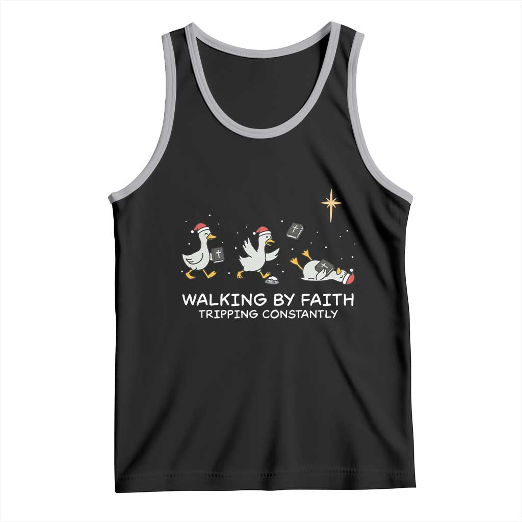Christian Goose Christmas Tank Top Walking By Faith Tripping Constantly Funny Quote TS14 Black Athletic Heather Print Your Wear