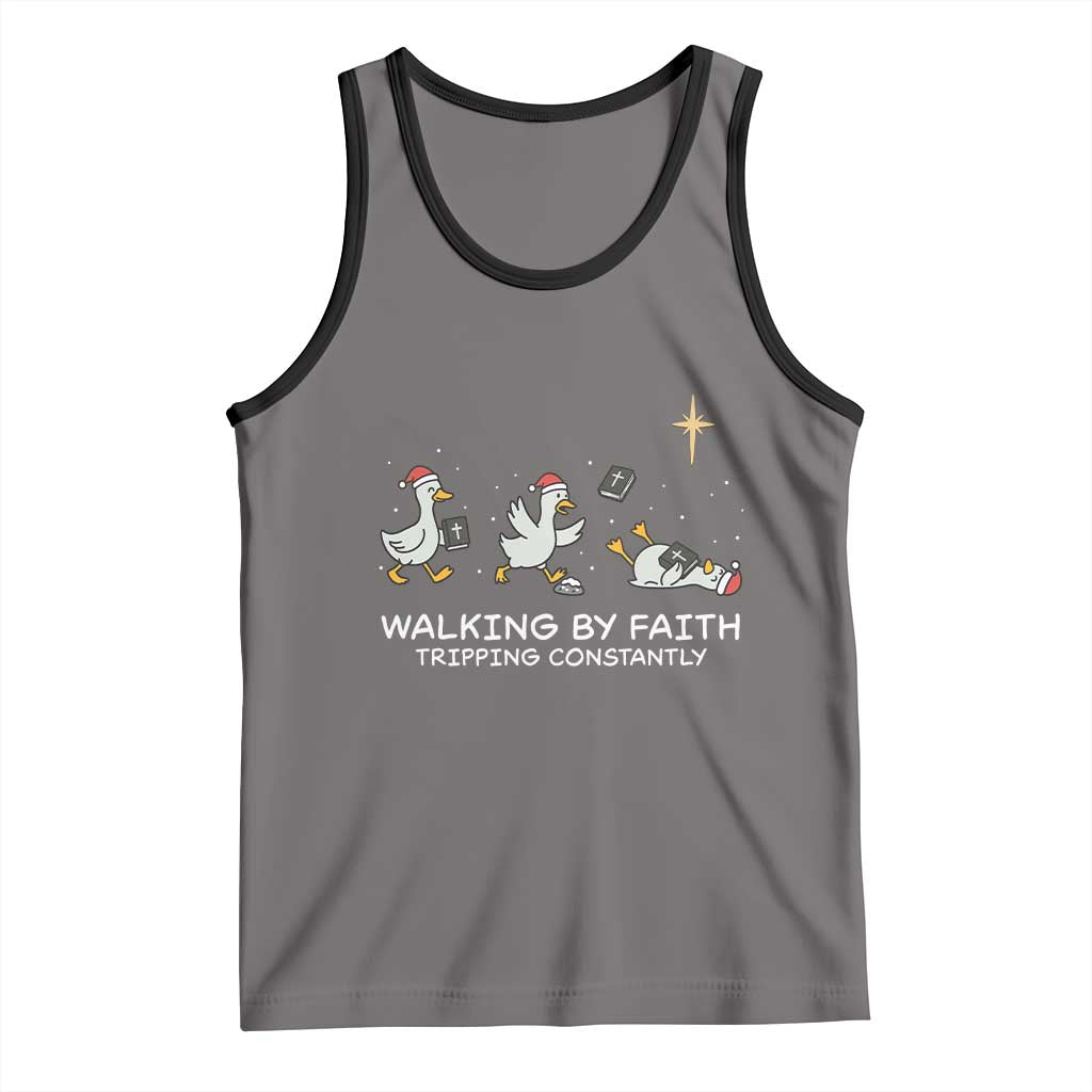 Christian Goose Christmas Tank Top Walking By Faith Tripping Constantly Funny Quote TS14 Deep Heather Black Print Your Wear