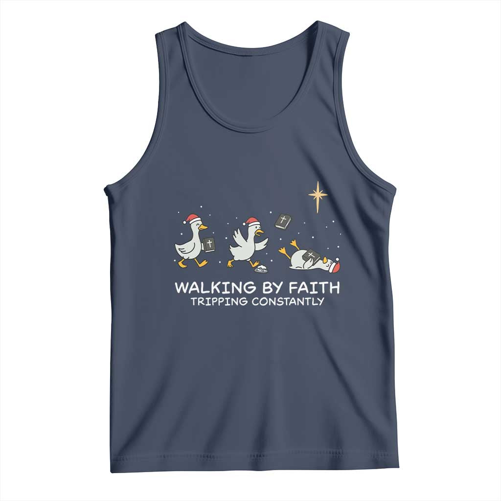 Christian Goose Christmas Tank Top Walking By Faith Tripping Constantly Funny Quote TS14 Navy Print Your Wear