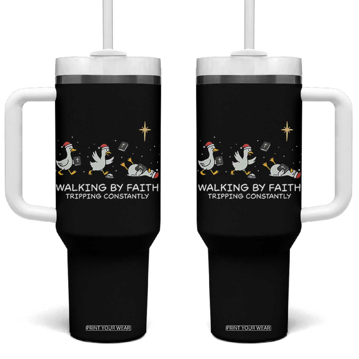 Christian Goose Christmas Tumbler With Handle Walking By Faith Tripping Constantly Funny Quote TS14 One Size: 40 oz Black Print Your Wear