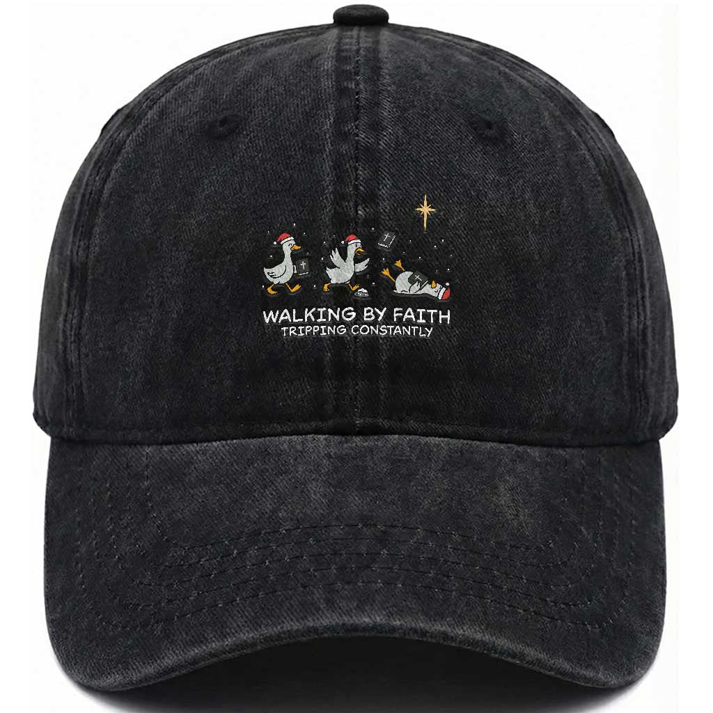 Christian Goose Christmas Washed Cotton Baseball Cap Walking By Faith Tripping Constantly Funny Quote TS14 Washed Cap Universal Fit Black Print Your Wear