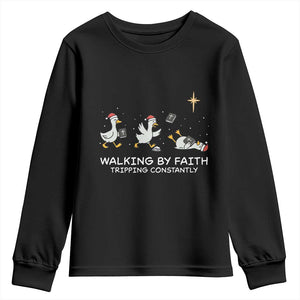 Christian Goose Christmas Youth Sweatshirt Walking By Faith Tripping Constantly Funny Quote TS14 Black Print Your Wear