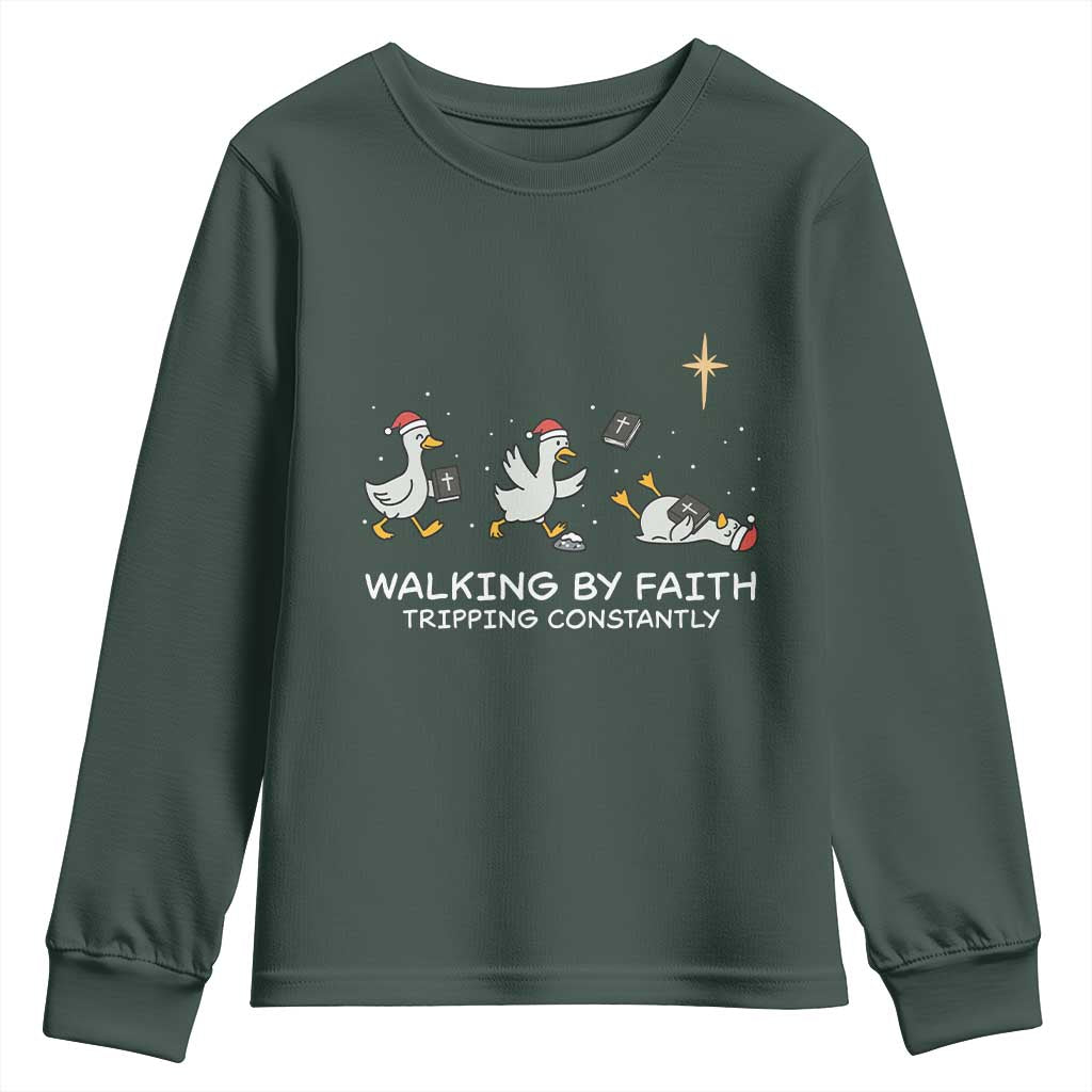 Christian Goose Christmas Youth Sweatshirt Walking By Faith Tripping Constantly Funny Quote TS14 Dark Forest Green Print Your Wear