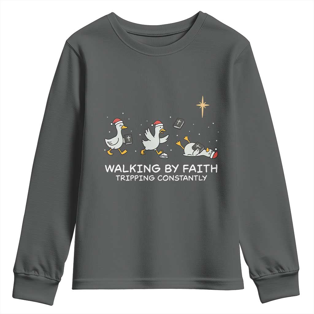 Christian Goose Christmas Youth Sweatshirt Walking By Faith Tripping Constantly Funny Quote TS14 Dark Heather Print Your Wear