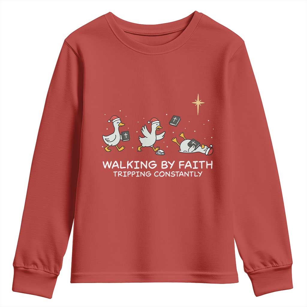 Christian Goose Christmas Youth Sweatshirt Walking By Faith Tripping Constantly Funny Quote TS14 Red Print Your Wear