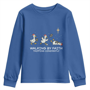Christian Goose Christmas Youth Sweatshirt Walking By Faith Tripping Constantly Funny Quote TS14 Royal Blue Print Your Wear