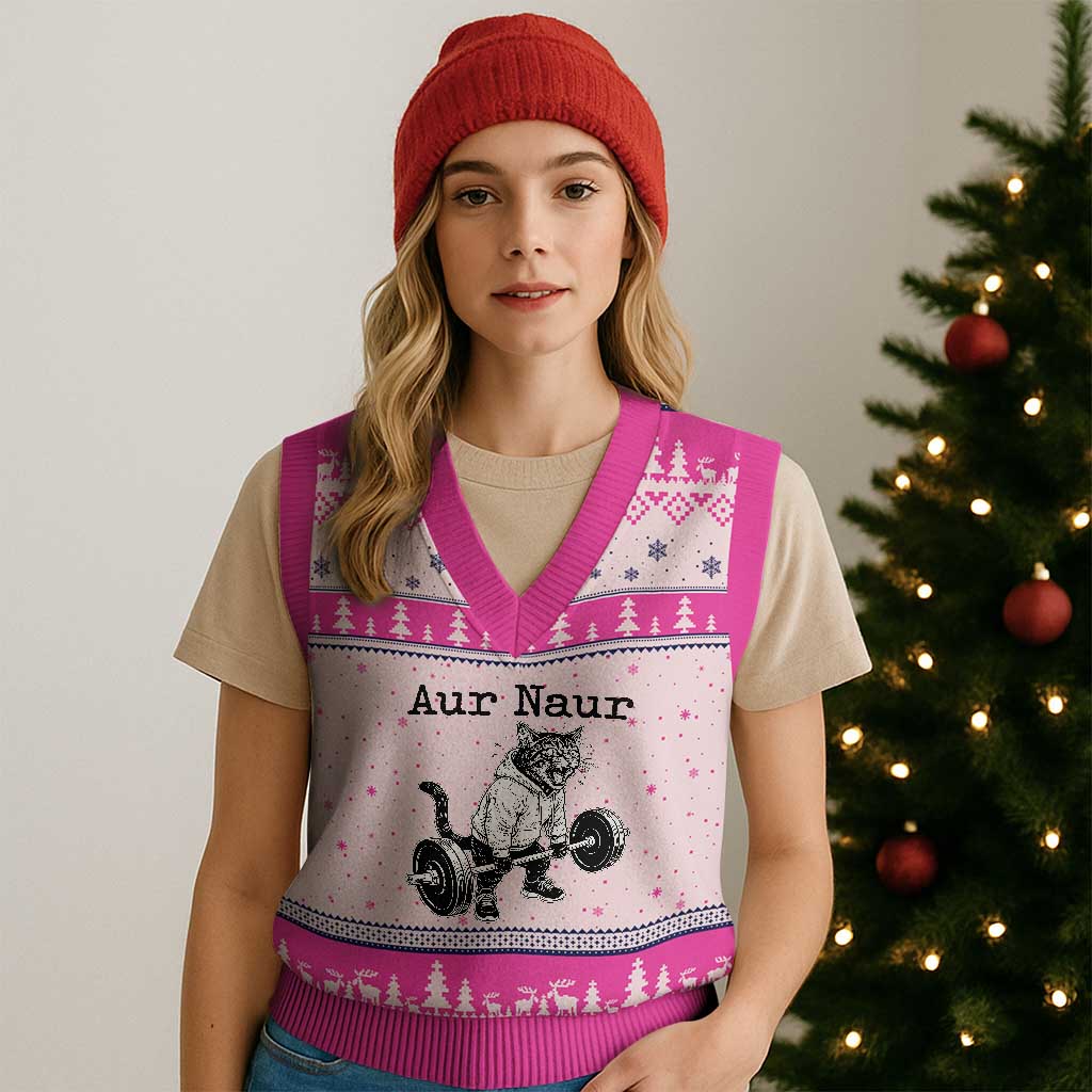 Aur Naur Raccoon Meme V-Neck Knit Sweater Vest Funny Sarcastic Oh No Australian Accent TS14 Hot Pink Print Your Wear