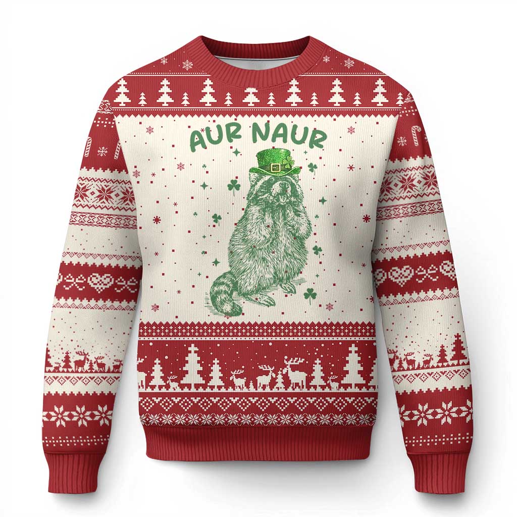 Aur Naur Raccoon St Patricks Day Ugly Christmas Sweater Funny Sarcastic Oh No Australian Accent TS14 Beige Red Print Your Wear
