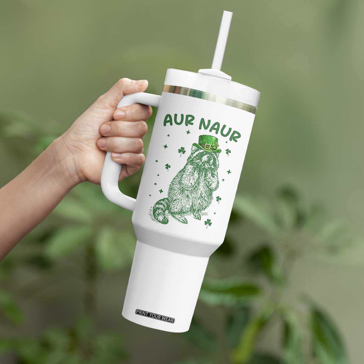 Aur Naur Raccoon St Patricks Day Tumbler With Handle Funny Sarcastic Oh No Australian Accent TS14 Print Your Wear