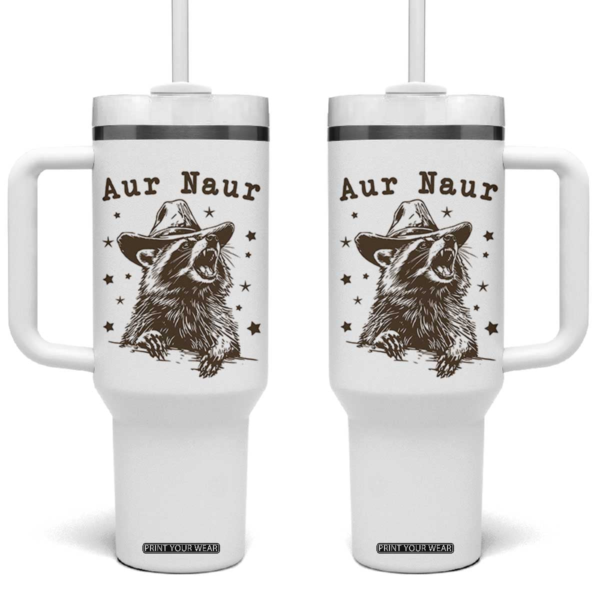 AUR Naur Cowboy Raccoon Tumbler With Handle Funny Sarcastic Oh No Australian Accent TS14 One Size: 40 oz White Print Your Wear