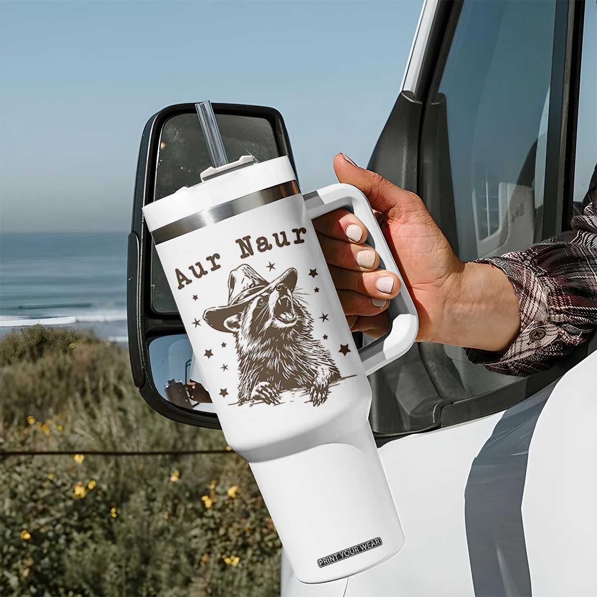 AUR Naur Cowboy Raccoon Tumbler With Handle Funny Sarcastic Oh No Australian Accent TS14 Print Your Wear