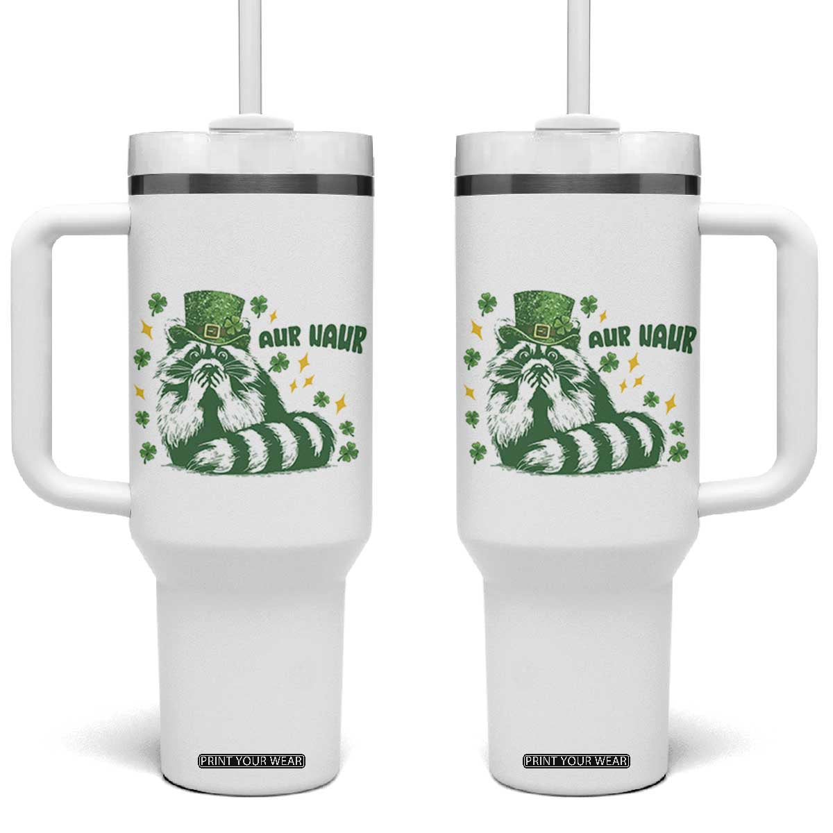 AUR Naur Raccoon St Patricks Day Meme Tumbler With Handle Funny Sarcastic Oh No Australian Accent TS14 One Size: 40 oz White Print Your Wear