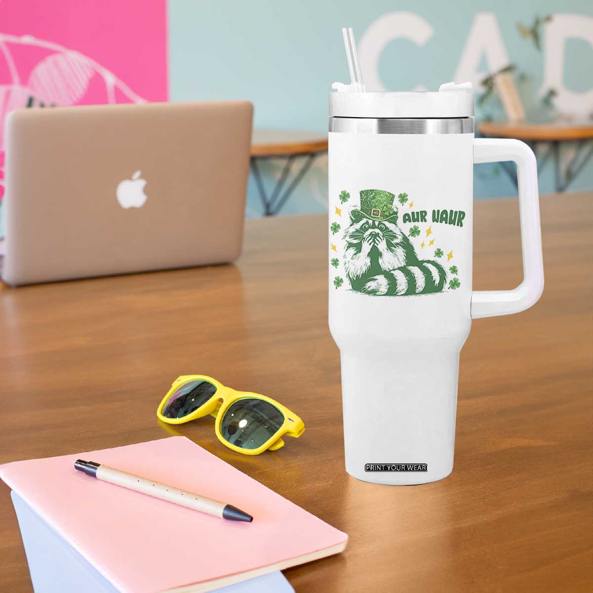 AUR Naur Raccoon St Patricks Day Meme Tumbler With Handle Funny Sarcastic Oh No Australian Accent TS14 Print Your Wear