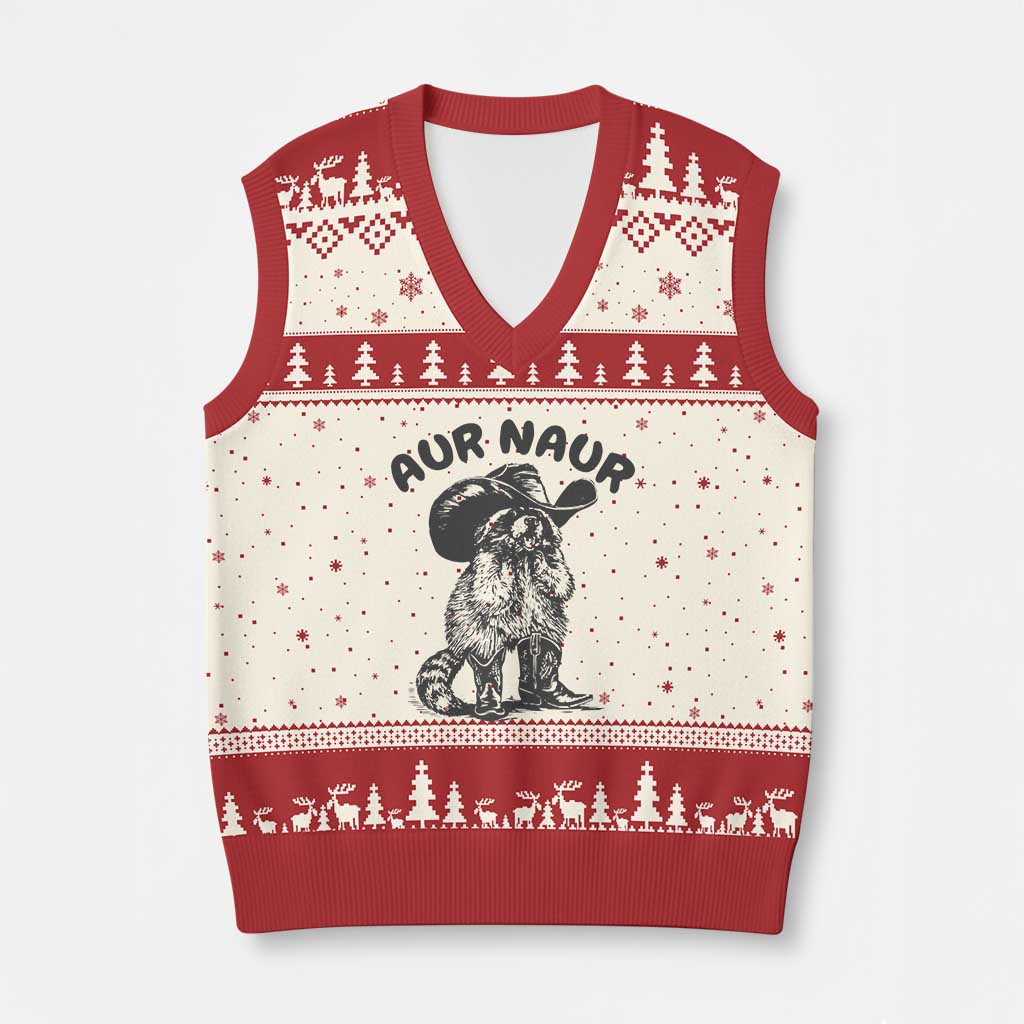 AUR Naur Cowboy Raccoon Meme V-Neck Knit Sweater Vest Funny Sarcastic Oh No Australian Accent TS14 Beige Red Print Your Wear